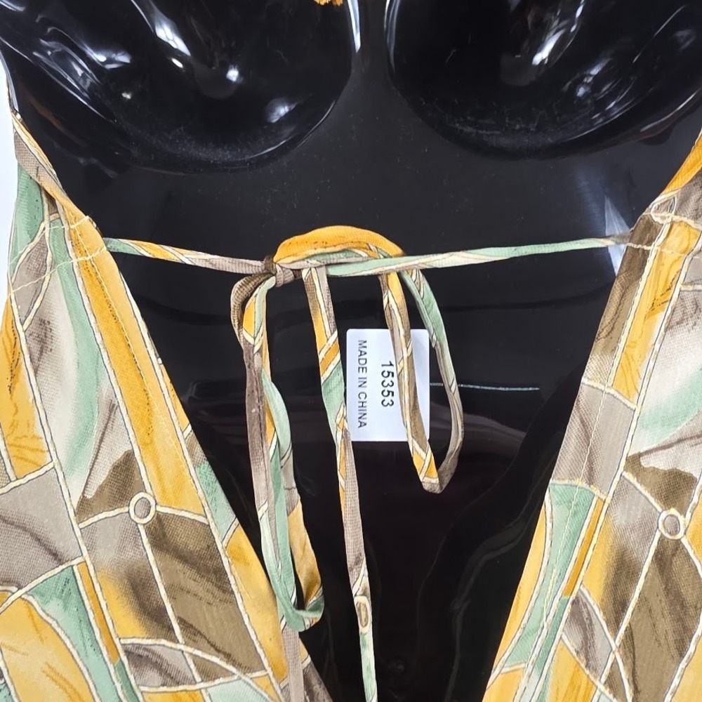 Silk/ Viscos Maxi Dress Women S-XL Gold Boho Halter Tiered Geometric - Picture 7 of 8
